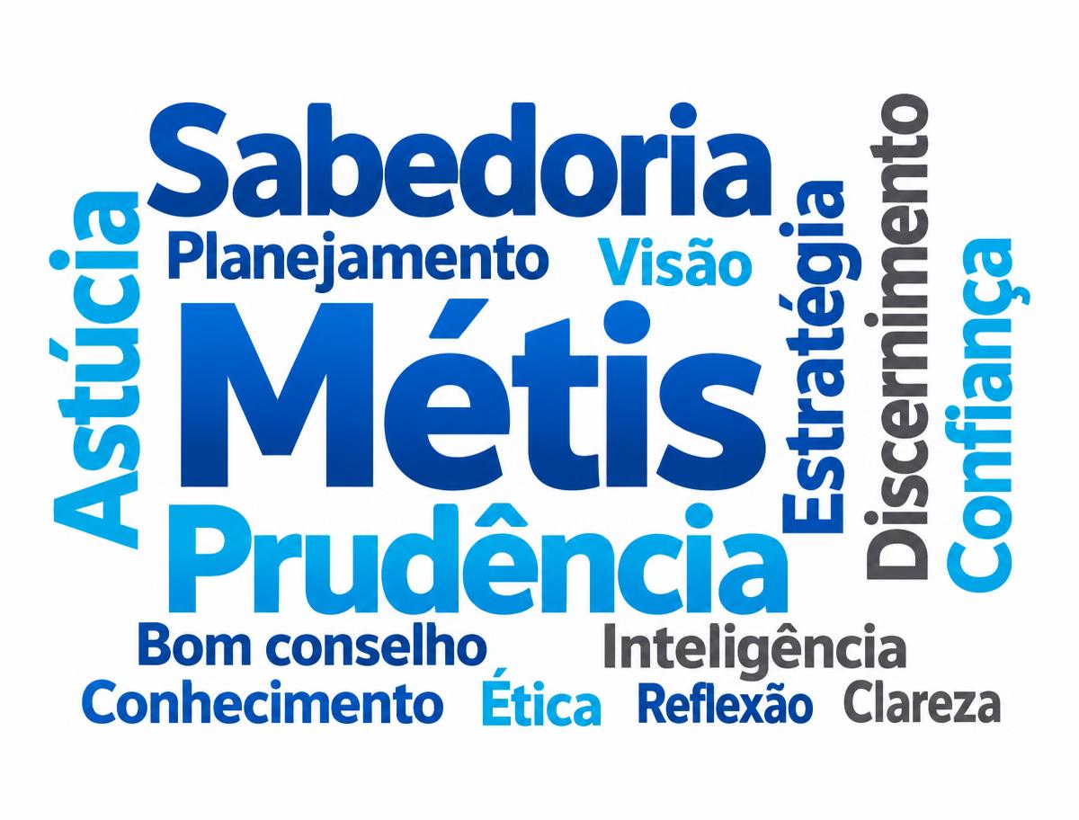 Métis: sabedoria, prudência, astúcia, planejamento e bom conselho, em palavras horizontais e verticais.